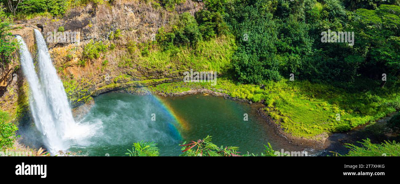 The Wailua River Cascading Over Wailua Falls, Lihue, Kauai, Hawaii, USA Stock Photo