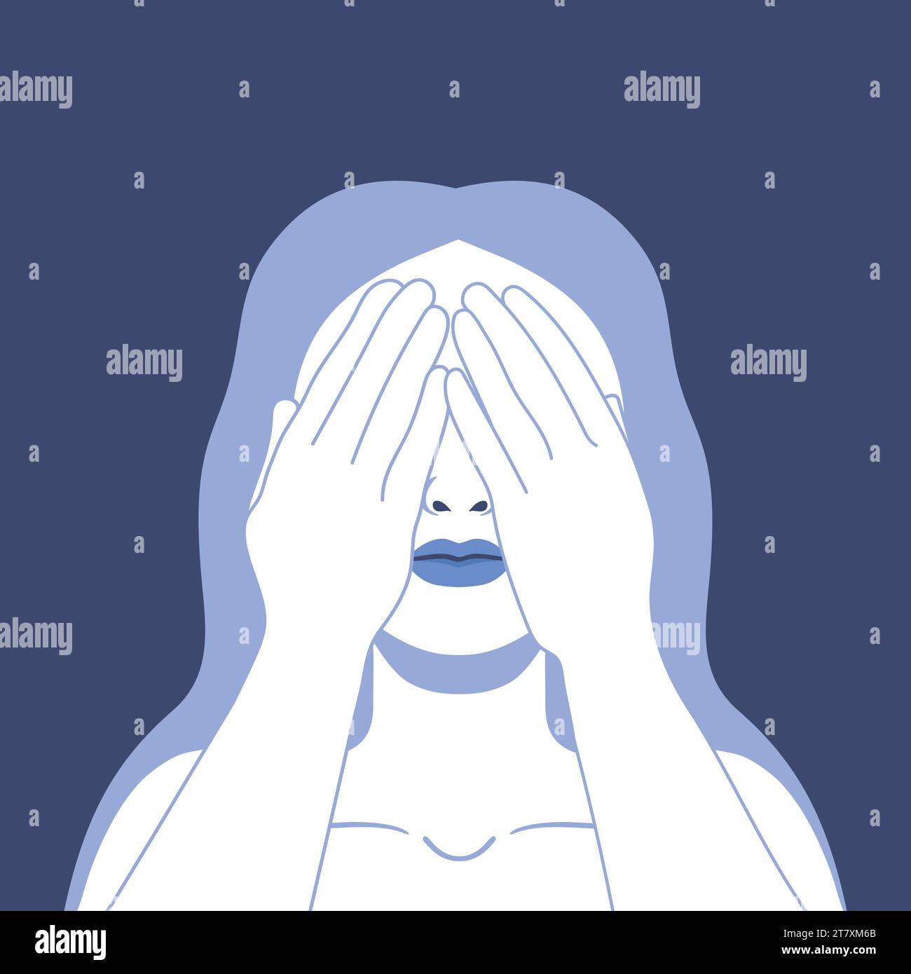 Portrait of a young woman covering her eyes with hands to avoid seeing things. Hand drawn vector illustration Stock Vector