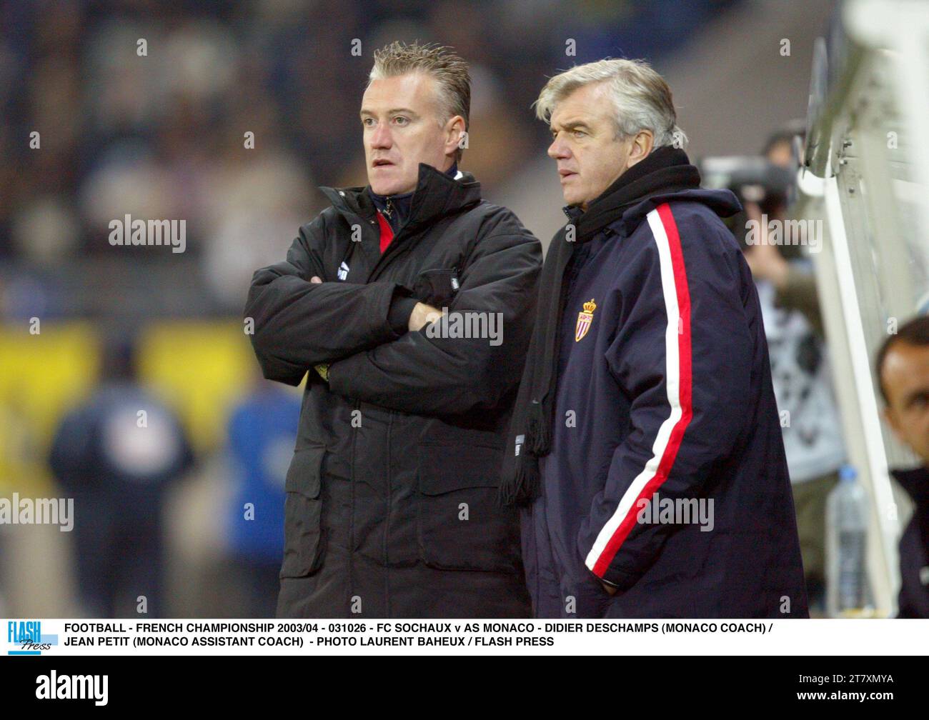 FOOTBALL - FRENCH CHAMPIONSHIP 2003/04 - 031026 - FC SOCHAUX v AS MONACO - DIDIER DESCHAMPS (MONACO COACH) / JEAN PETIT (MONACO ASSISTANT COACH) - PHOTO LAURENT BAHEUX / FLASH PRESS Stock Photo