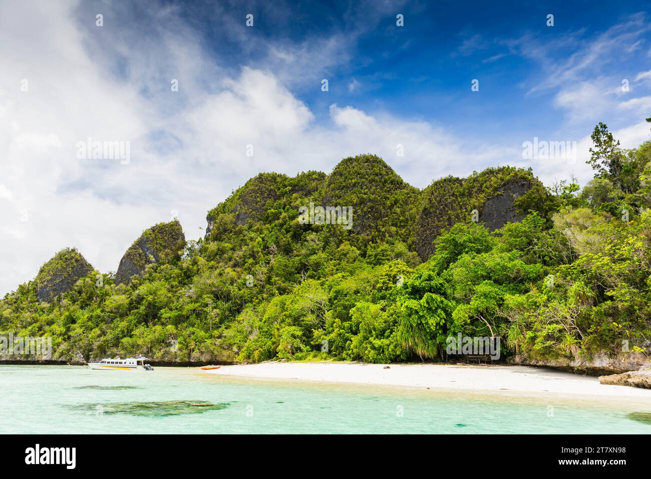 A view of islets covered in vegetation from inside the natural protected harbor in Wayag Bay, Raja Ampat, Indonesia, Southeast Asia, Asia Stock Photo