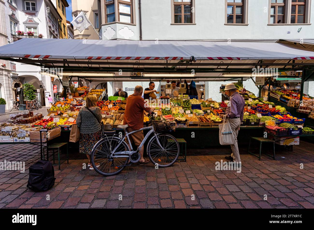 Typical food market in the old town of Bolzano (Bozen), Bozen district, Sudtirol (South Tyrol), Italy, Europe Stock Photo