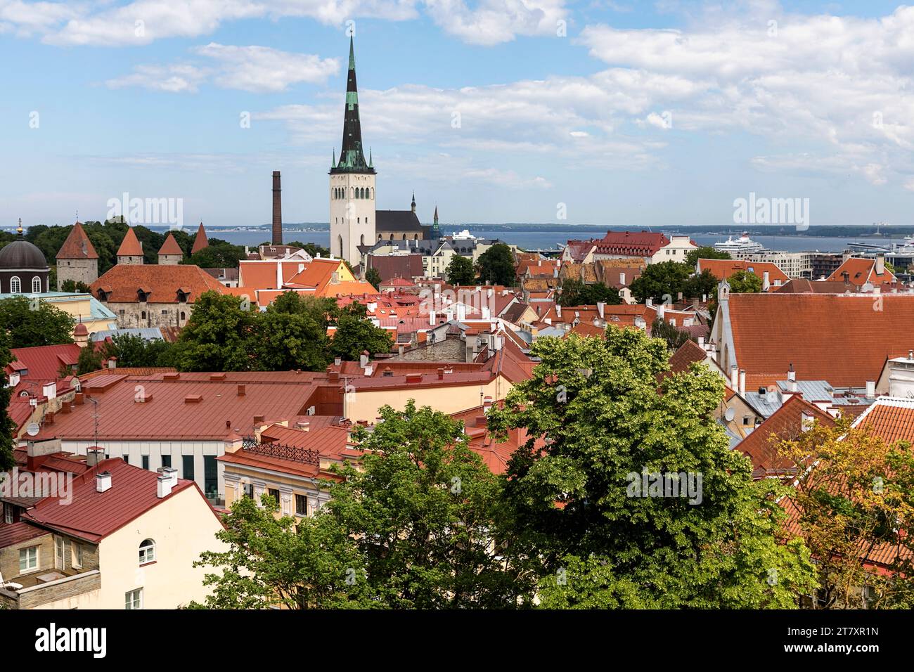 Spectacular view from a viewpoint in central Tallinn towards old part of the city on a summer sunny day, full of old historical buildings, Estonia Stock Photo