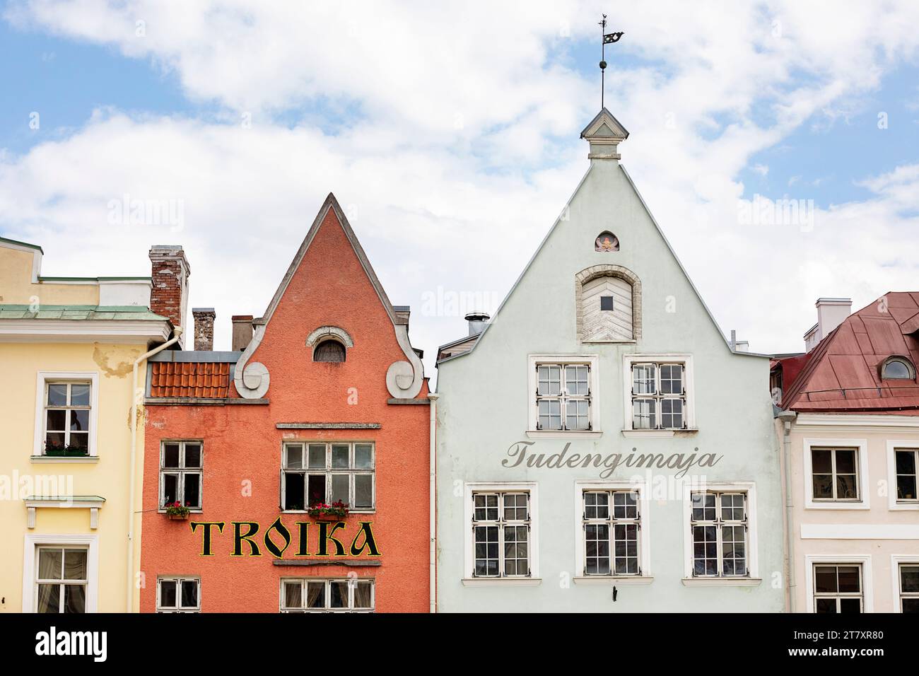 Beautiful and colorful old historical buildings in old part of Tallinn on a summer sunny day, Estonia Stock Photo