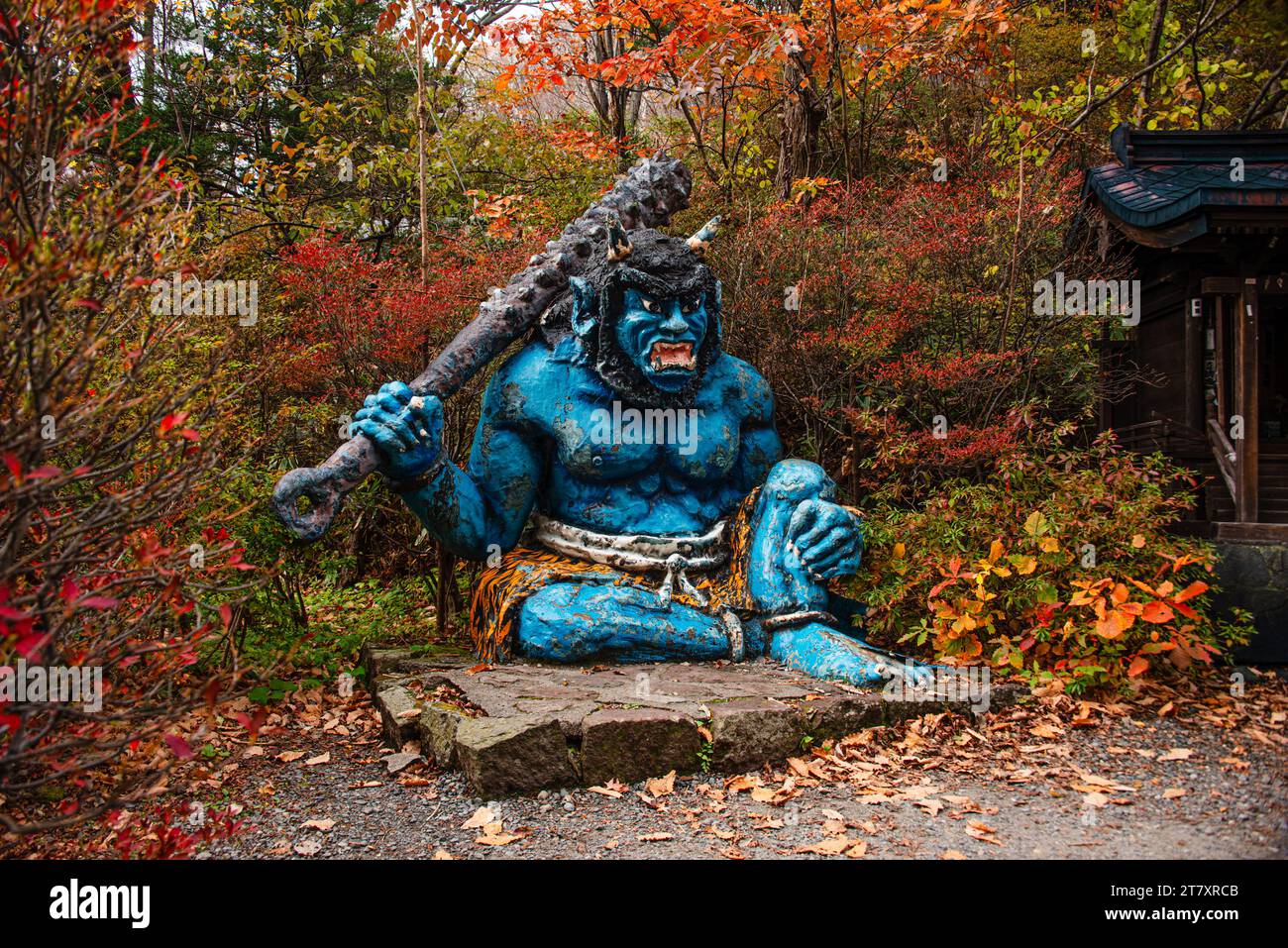 Blue Demon Shrine-Nembutsu Demon Statue in autumn, Noboribetsu, Hokkaido, Japan, Asia Stock Photo
