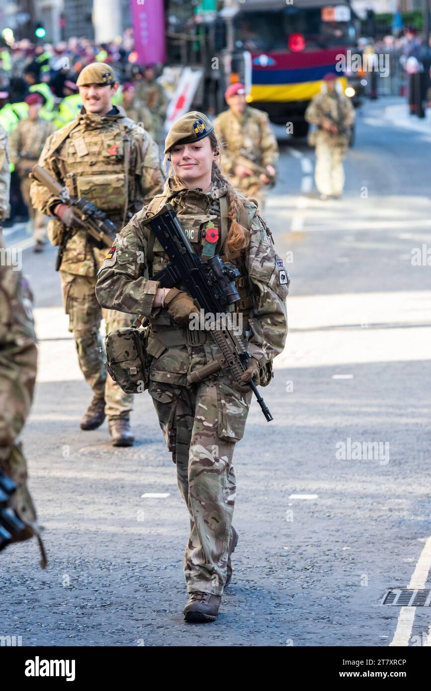 Female soldier of the Princess of Wales’s Royal Regiment, at the Lord Mayor's Show procession 2023 in Poultry, in the City of London, UK Stock Photo