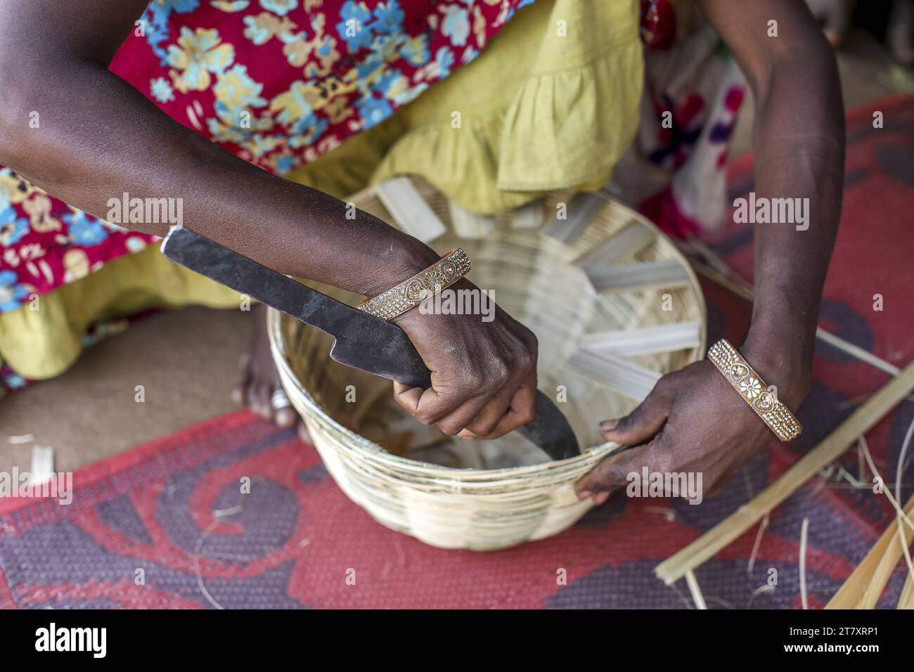 Adivasi woman making baskets in a village in Narmada district, Gujarat, India, Asia Stock Photo