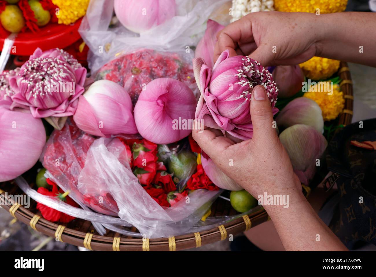 Flower garlands as temple offerings for Hindu ceremony, Indian flower