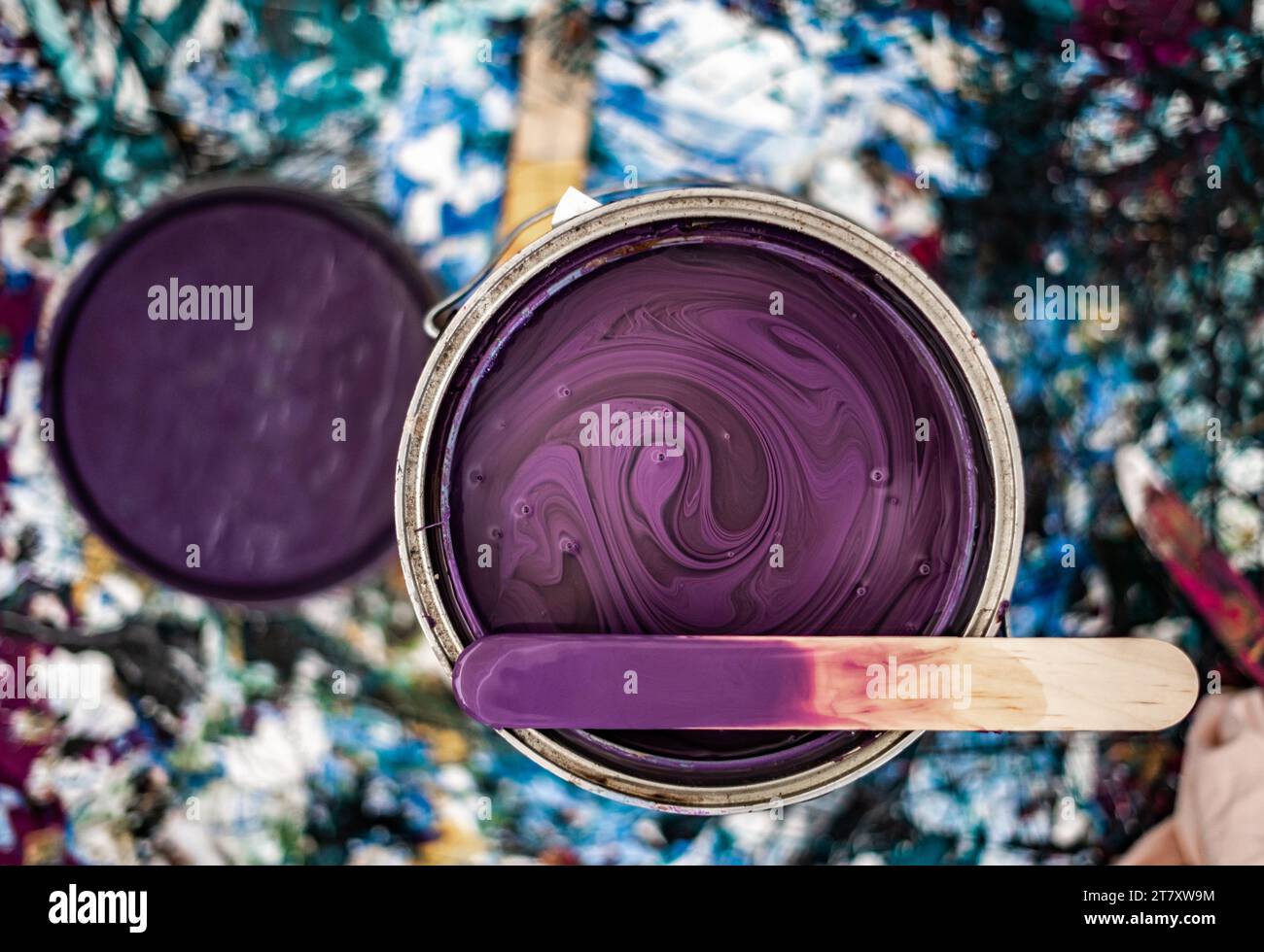 Paint Can Open Unmixed Close Up Purple Mixing Stick Top Paint Mess