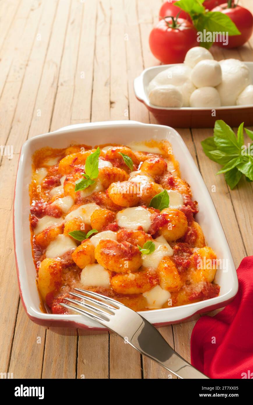 Gnocchi Sorrento style with parmesan, tomato sauce, mozzarella and basil, Campania, Italy, Europe Stock Photo