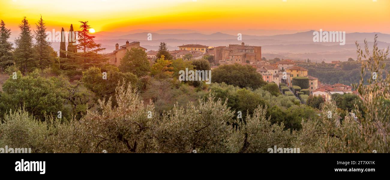 View of sunrise over Chianciano Terme, Province of Siena, Tuscany, Italy, Europe Stock Photo