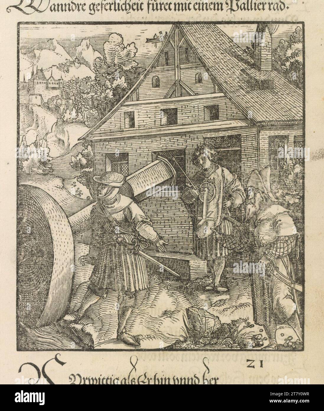 Hans Schäufelin Theuerdank: Figure 21 - Theuerdank proves its skill on a mill with a large polier wheel. Woodcut 1517 , 1517 Stock Photo