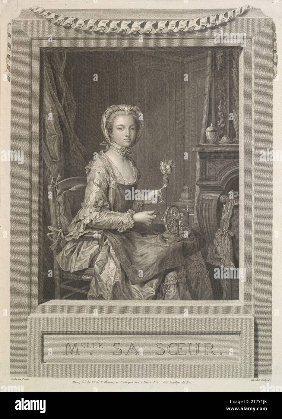 Justus Chevillet (Engraver) Woman on the spinning wheel. etching 1760