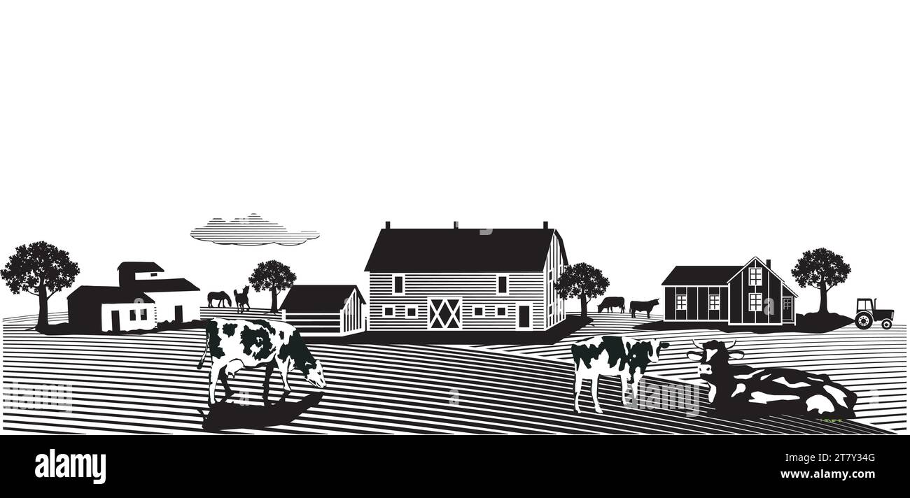 Cows on pasture with farmhouse, black and white on white background, illustration Stock Vector