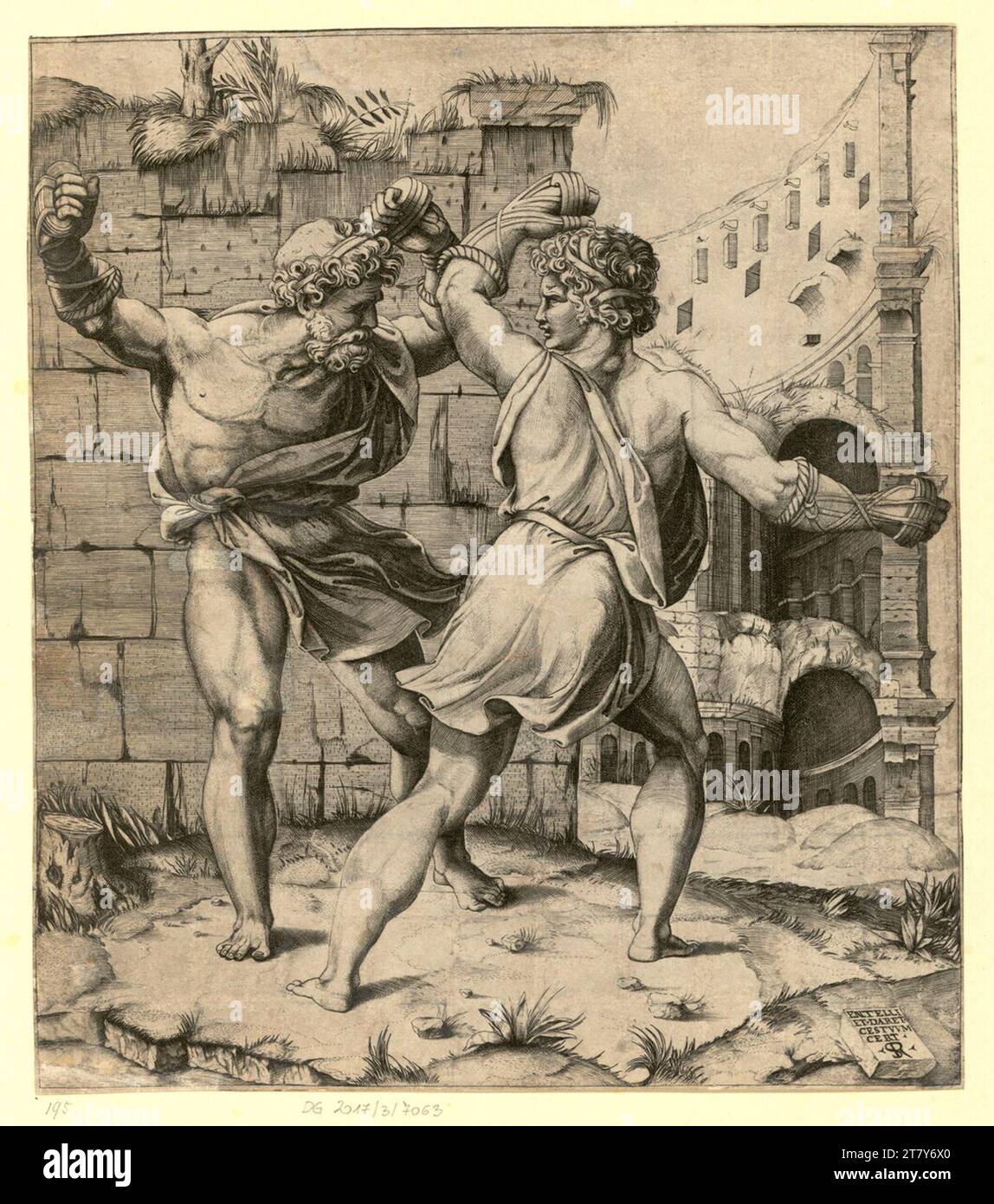 Entellus Marco Dente (Engraver) Entellus und dares. Copper engraving print 1520 ...