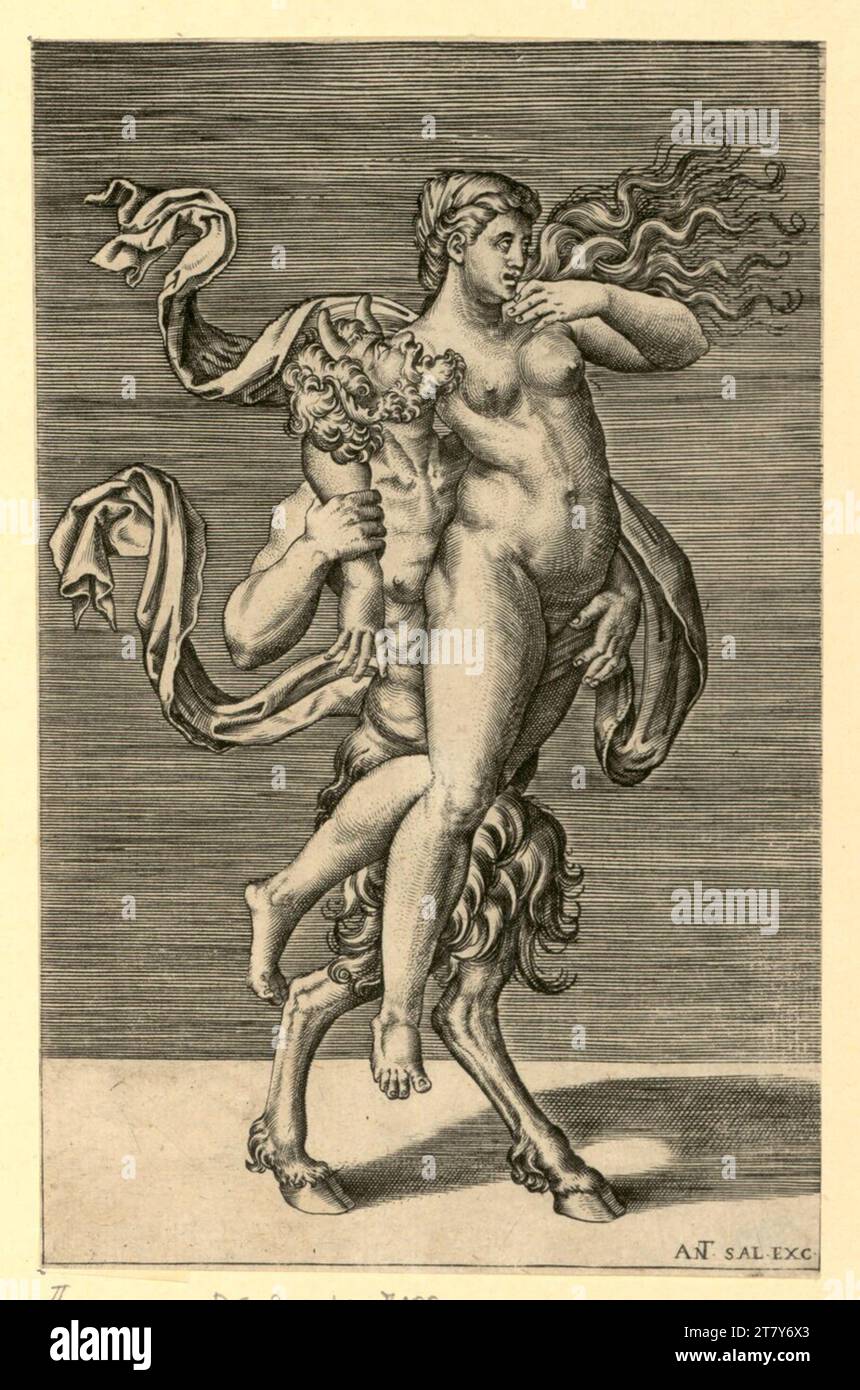 Agostino Veneziano (Engraver) Satyr und Nymphe. Copper engraving print 1510-1520 , 1510/1520 Stock Photo