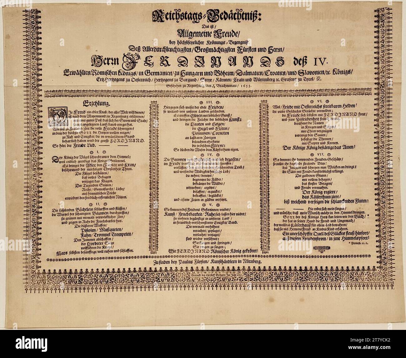 Christoph Gerhard (Druck) Text on the allegorical homage sheet on the occasion of Ferdinand IV. On the Roman-German king on June 18, 1653 in Regensburg. Type print in three columns with edge strips on paper 1653 , 1653 Stock Photo