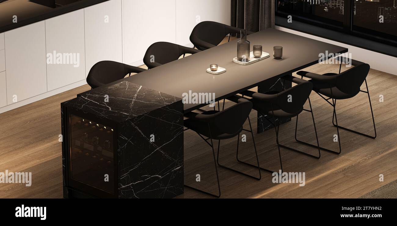 Modern dining space with elegant marble accents Stock Photo - Alamy - Upscale Penthouse Dining Room Grey Marble Decor