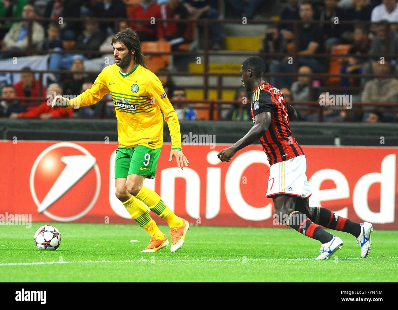 Giorgos Samaras of Celtic FC vies with Cristian Zapata of AC MIlan during the UEFA Champions League 2013-2014 first round match group H between AC Milano and Celtic FC on September 18, 2013, in Milan, Italy. Photo Massimo Cebrelli / DPPI Stock Photo