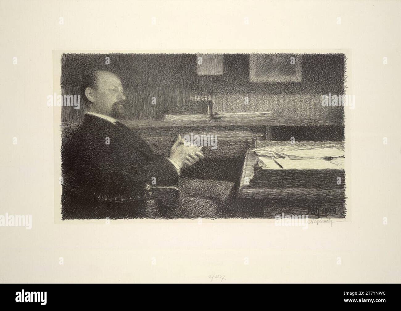 Felician von Myrbach-Rheinfeld Portrait of the Franz Ritter curator. Algraphy in black, light green and light red, on rolled Chinese paper 1899 , 1899 Stock Photo