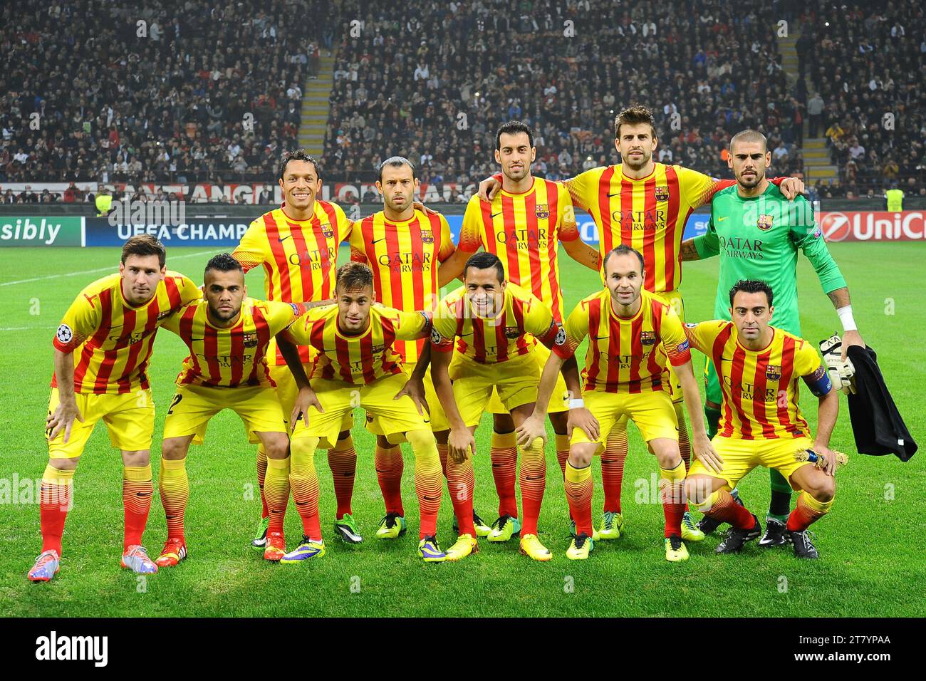 FC Barcelona starting eleven ( Back row left to right: Adriano, Javier Mascherano, Sergio Busquets, Gerard Pique, Victor Valdes. Front row: Lionel Messi, Daniel Alves, Neymar, Alexis Sanchez, Andres Iniesta, Xavi Hernandez ) during the UEFA Champions league 2013/2014 football match group H between AC Milan and FC Barcelona on October 22, 2013 in Milan, Italy. Photo Massimo Cebrelli / DPPI Stock Photo