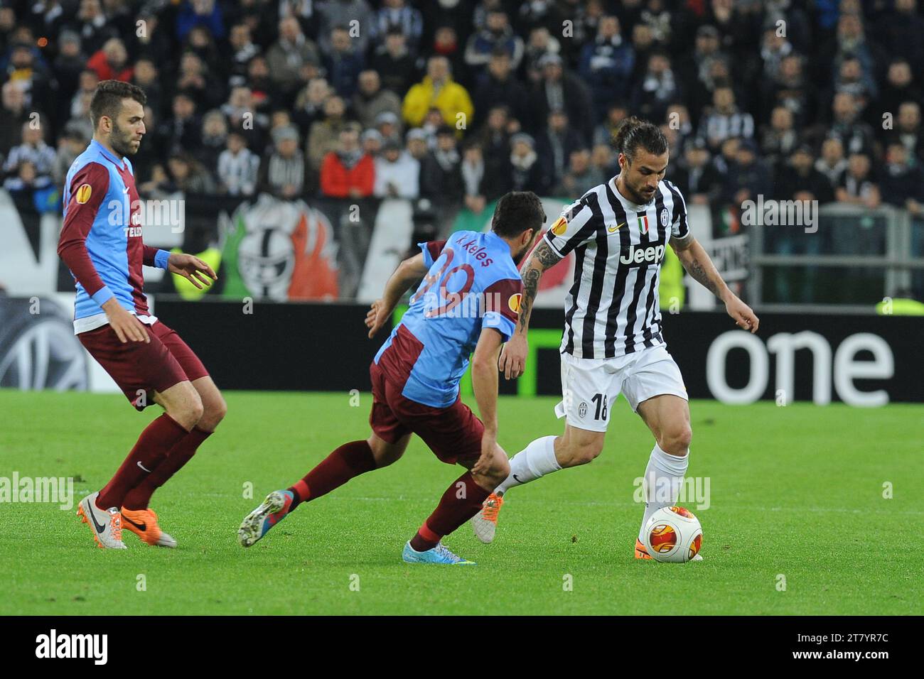 Pablo Osvaldo of FC Juventus and Kadir Kales of Trabzonspor AS fight for the ball during the UEFA Champions League football round of 32 first leg between FC Juventus and Trabzonspor AS on February 20,2014 in Turin, Italy. Photo Massimo Cebrelli/DPPI Stock Photo