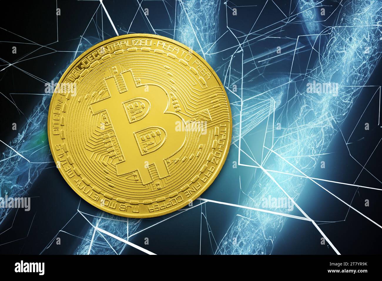 Bitcoin cryptocurrency metal coin, decentralized international currency payment system. Figurative representation of virtual currency. Stock Photo