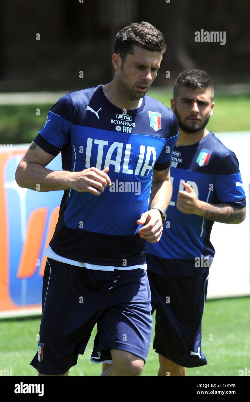 COVERCIANO (FI), ITALY - MAY 20: Thiago Motta and Lorenzo Insigne of Italy during the first training session to prepare world championship in Brazil on May 20, 2014 in Coverciano (Fi), Italy. Photo by Massimo Cebrelli/DPPI Stock Photo