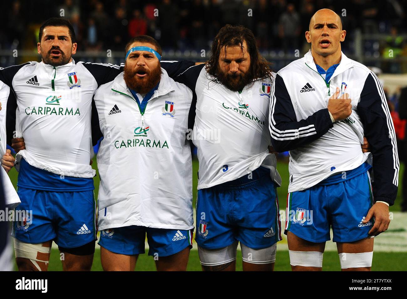Andrea Masi, Matias Aguero, Martin Castrogiovanni and Sergio Parisse of Italy sing the anthem prior the friendly match played between Italy and Argentina on November 14,2014 in Genoa, Italy. Photo Massimo Cebrelli/DPPI Stock Photo