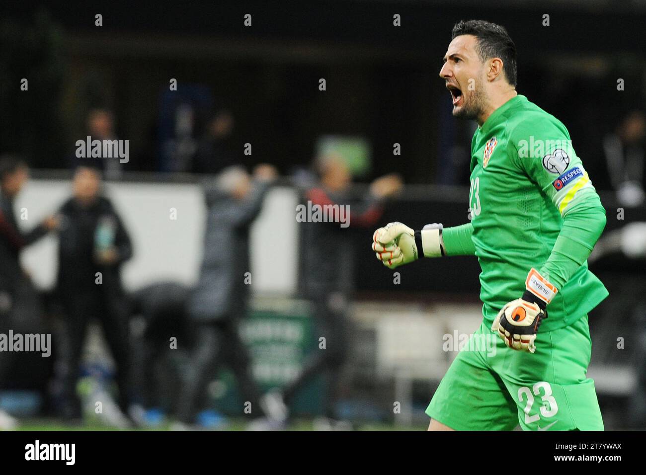 Danijel Subasic goalkeeper of Croatia celebrates his team first goal scored by team mate Ivan Perisic during the UEFA European Championship 2016 qualifying Group H between Italy and Croatia on November 16, 2014 at Giuseppe Meazza Stadium in Milan, Italy. Photo Massimo Cebrelli / DPPI Stock Photo