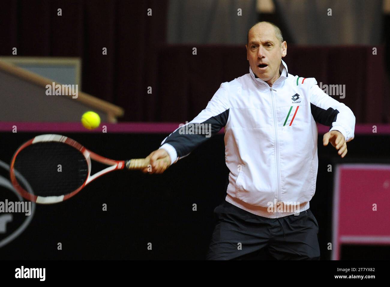 Corrado Barazzutti coach of Italy plays a forehand during Italy Training Session for the first round of Fed Cup 2015 match between Italy and France at 105 Stadium on January 05, 2015 in Genoa, Italy. Photo Massimo Cebrelli / DPPI Stock Photo
