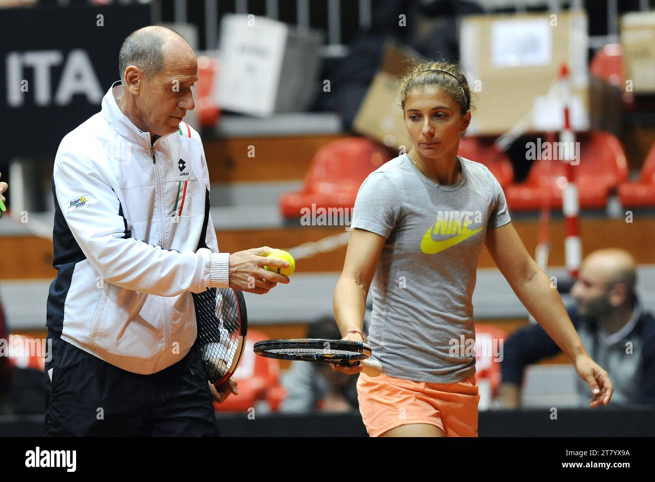 Corrado Barazzutti coach of Italy gives new balls to Sara Errani during Italy Training Session for the first round of Fed Cup 2015 match between Italy and France at 105 Stadium on January 05, 2015 in Genoa, Italy. Photo Massimo Cebrelli / DPPI Stock Photo