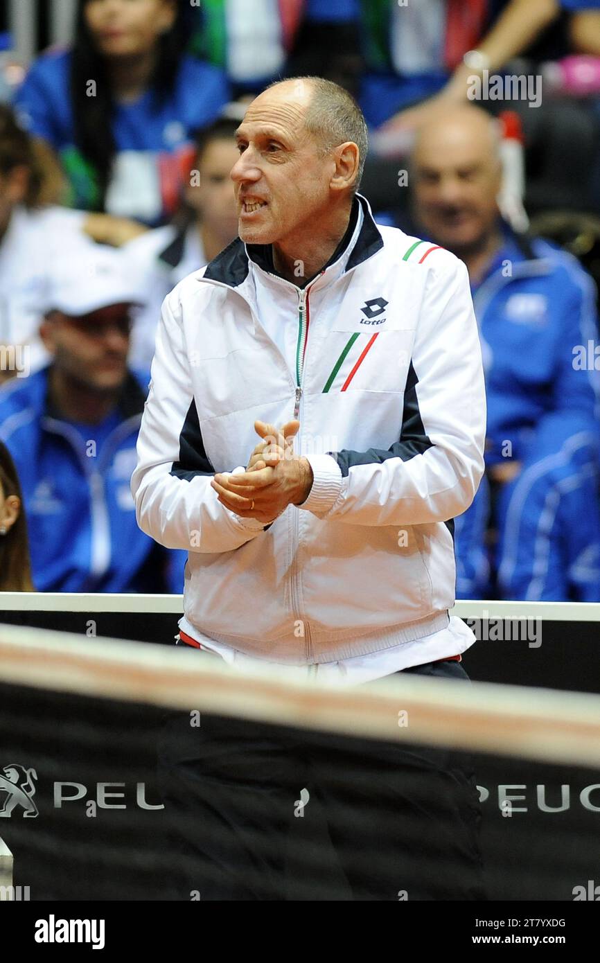 Corrado Barazzutti coach of Italy cheers Sara Errani of Italy in her match against Caroline Garcia of France during the first round of Fed Cup 2015 match between Italy and France at 105 Stadium on January 07, 2015 in Genoa, Italy. Photo Massimo Cebrelli/DPPI Stock Photo