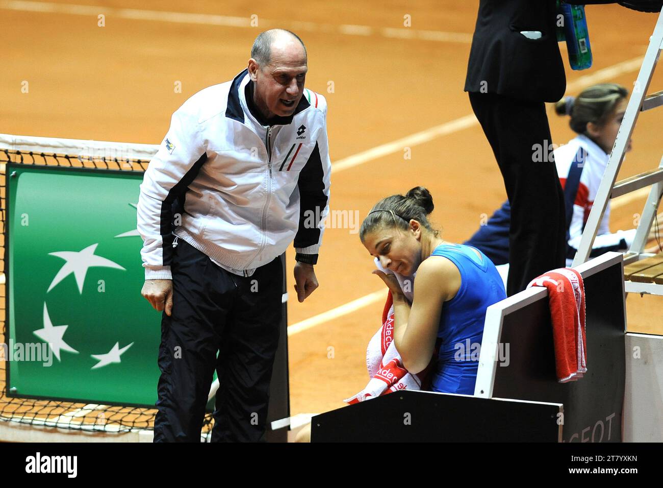 Corrado Barazzutti coach of Italy talks withSara Errani of Italy during her match against Kristina Mladenovic of France for the first round of Fed Cup 2015 match between Italy and France at 105 Stadium on January 08, 2015 in Genoa, Italy. Photo Massimo Cebrelli/DPPI Stock Photo