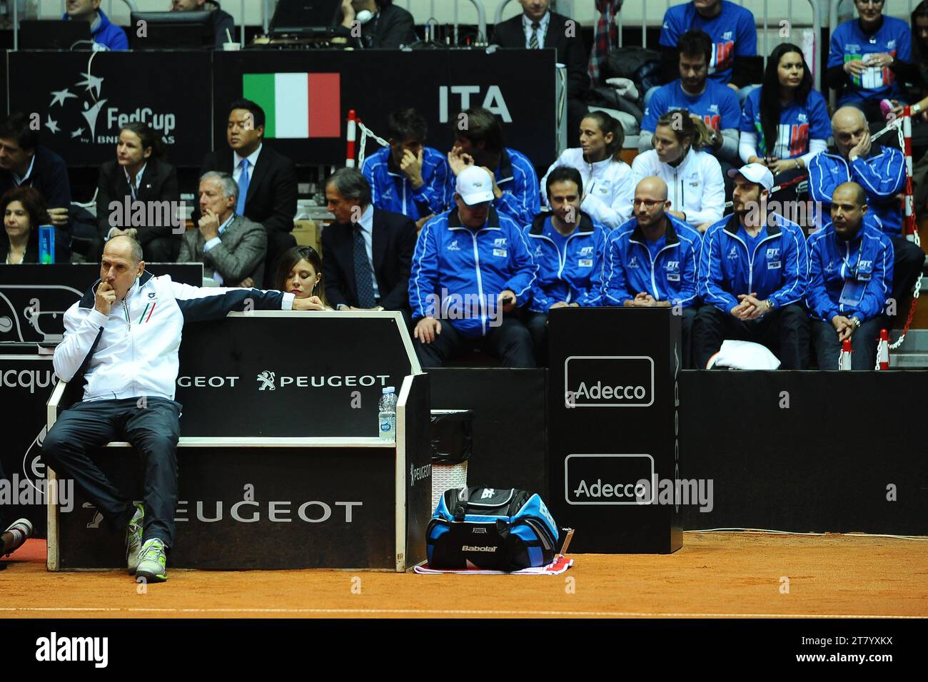 Corrado Barazzutti coach of Italy sits on the bench during the first round of Fed Cup 2015 match between Italy and France at 105 Stadium on January 07, 2015 in Genoa, Italy. Photo Massimo Cebrelli/DPPI Stock Photo