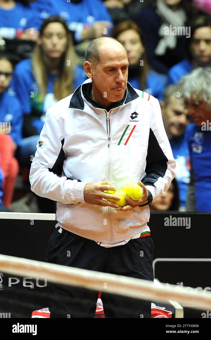 Corrado Barazzutti coach of Italy holds new balls during the first round of Fed Cup 2015 match between Italy and France at 105 Stadium on January 08, 2015 in Genoa, Italy. Photo Massimo Cebrelli/DPPI Stock Photo