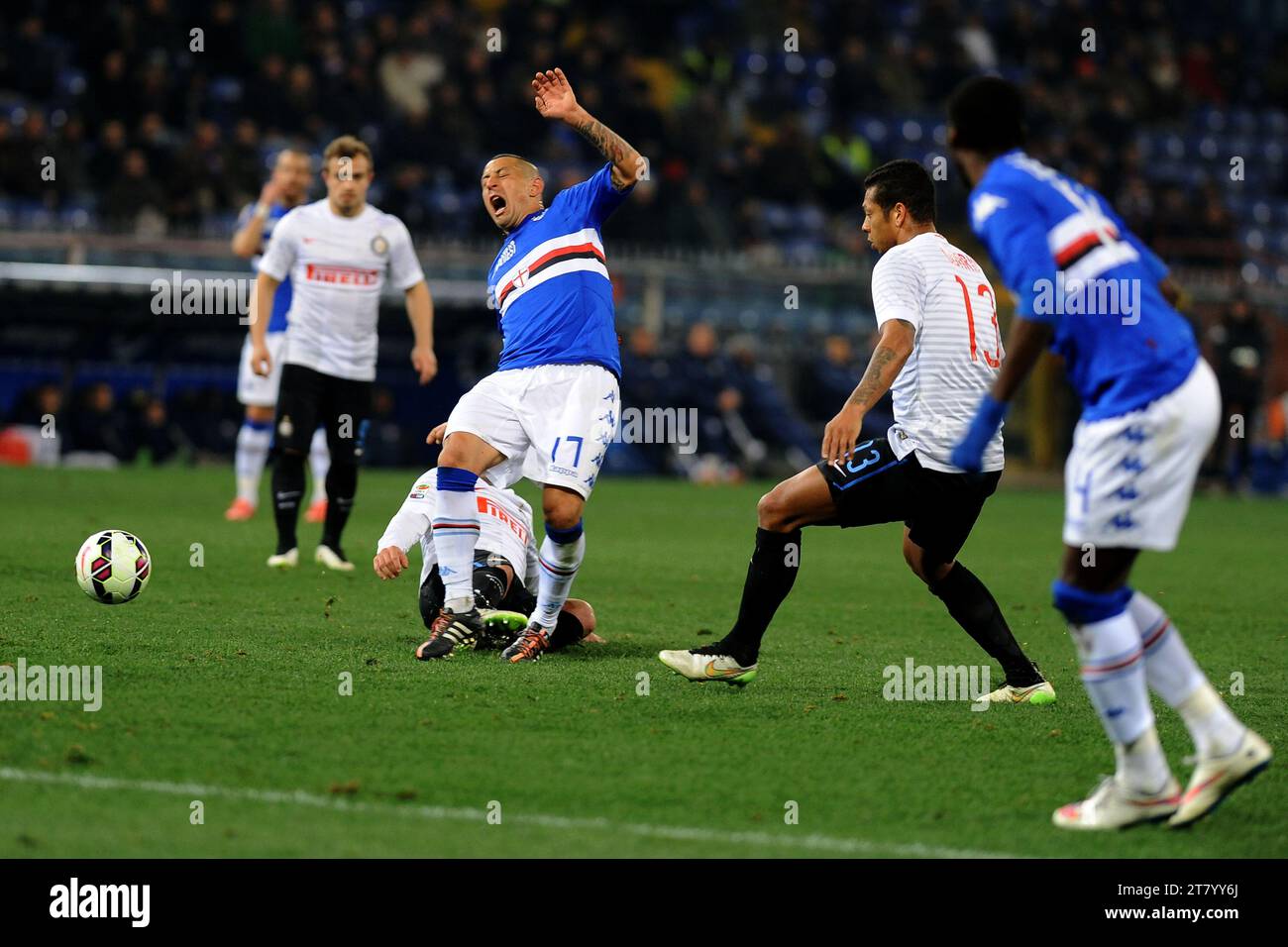 Angelo Palombo of UC Sampdoria is fouled by Gary Medel of FC Inter Milan during the Italian championship Serie A football match between UC Sampdoria and FC Internazionale on March 22, 2015 at Luigi Ferraris Stadium in Genoa, Italy. Photo Massimo Cebrelli / DPPI Stock Photo