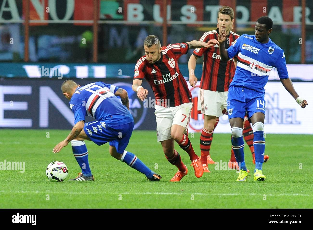 Jeremy Menez of AC Milan challenges for the ball among Angelo Palombo and Pedro Obiang of UC Sampdoria during the italian championship 2014/2015 Serie A football match between AC Milan and UC Sampdoria at Giuseppe Meazza Stadium on April 12, 2015 in Milan, Italy. Photo Massimo Cebrelli/DPPI Stock Photo