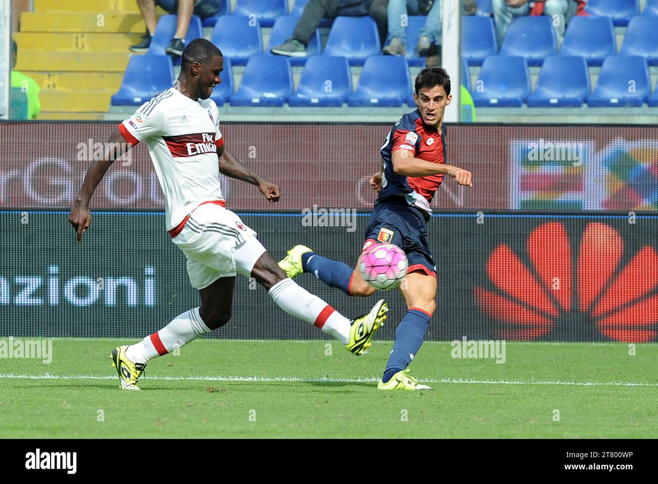 Cristian Zapata of AC Milan and Diego Perotti of Genoa CFC challenge for the ball during the Italian championship Serie A football match between Genoa CFC and AC Milan at Luigi Ferraris Stadium on September 27, 2015 in Genoa, Italy. Photo Massimo Cebrelli / DPPI Stock Photo