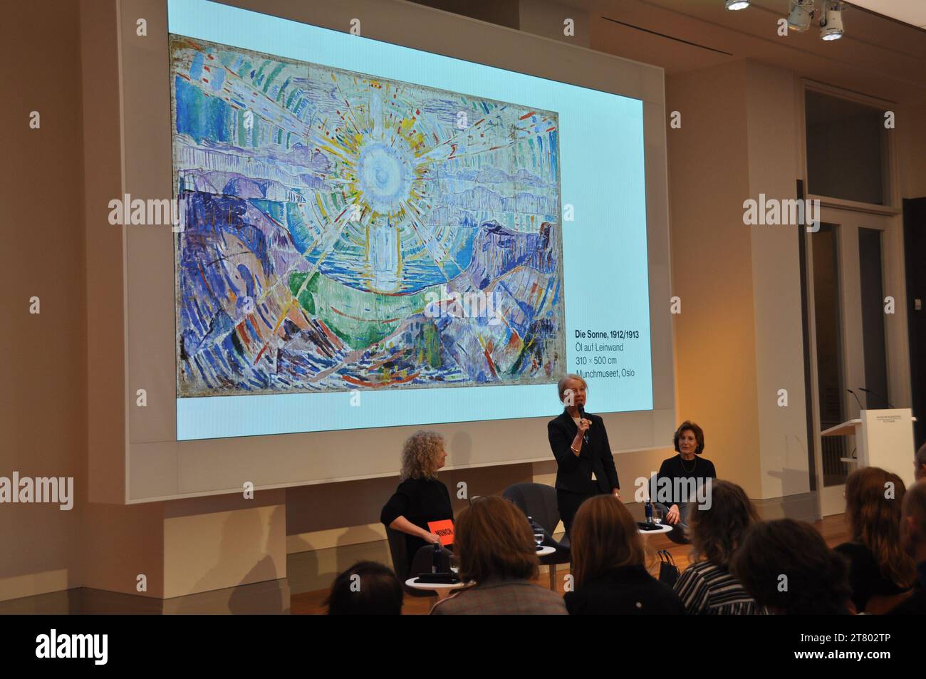 Postupim, Germany. 16th Nov, 2023. Director of the Barberini Museum Ortrud Westheider (with microphone) at the presentation of the exhibition Munch. Lebenslandschaft (Munch. Landscape of Life) at the Barberini Museum, Potsdam, Berlin, on November 16, 2023. A new exhibition presents the Norwegian expressionist Edvard Munch unconventionally as a landscape painter. Credit: Zapotocky Ales/CTK Photo/Alamy Live News Stock Photo