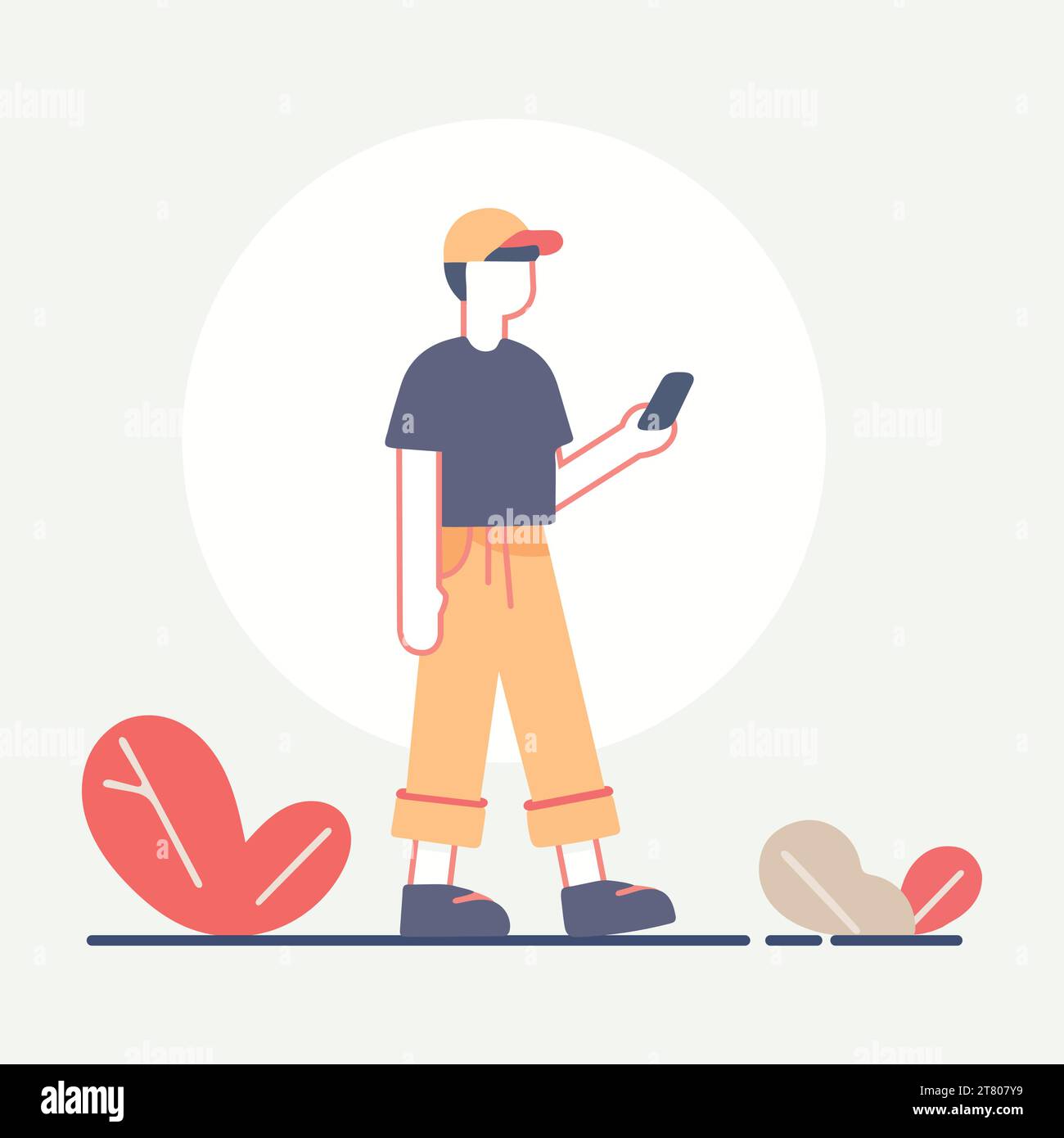 abstract modern young man person walking and checking smart mobile phone device in hand wearing cap, guy on phone, man shopping online on the go, look Stock Vector