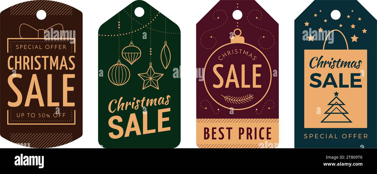 Christmas sale and discounts hang tags with geometric vintage design Stock Vector
