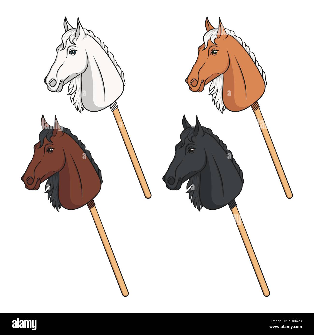 Set of color illustrations with hobby horse toy on stick. Isolated