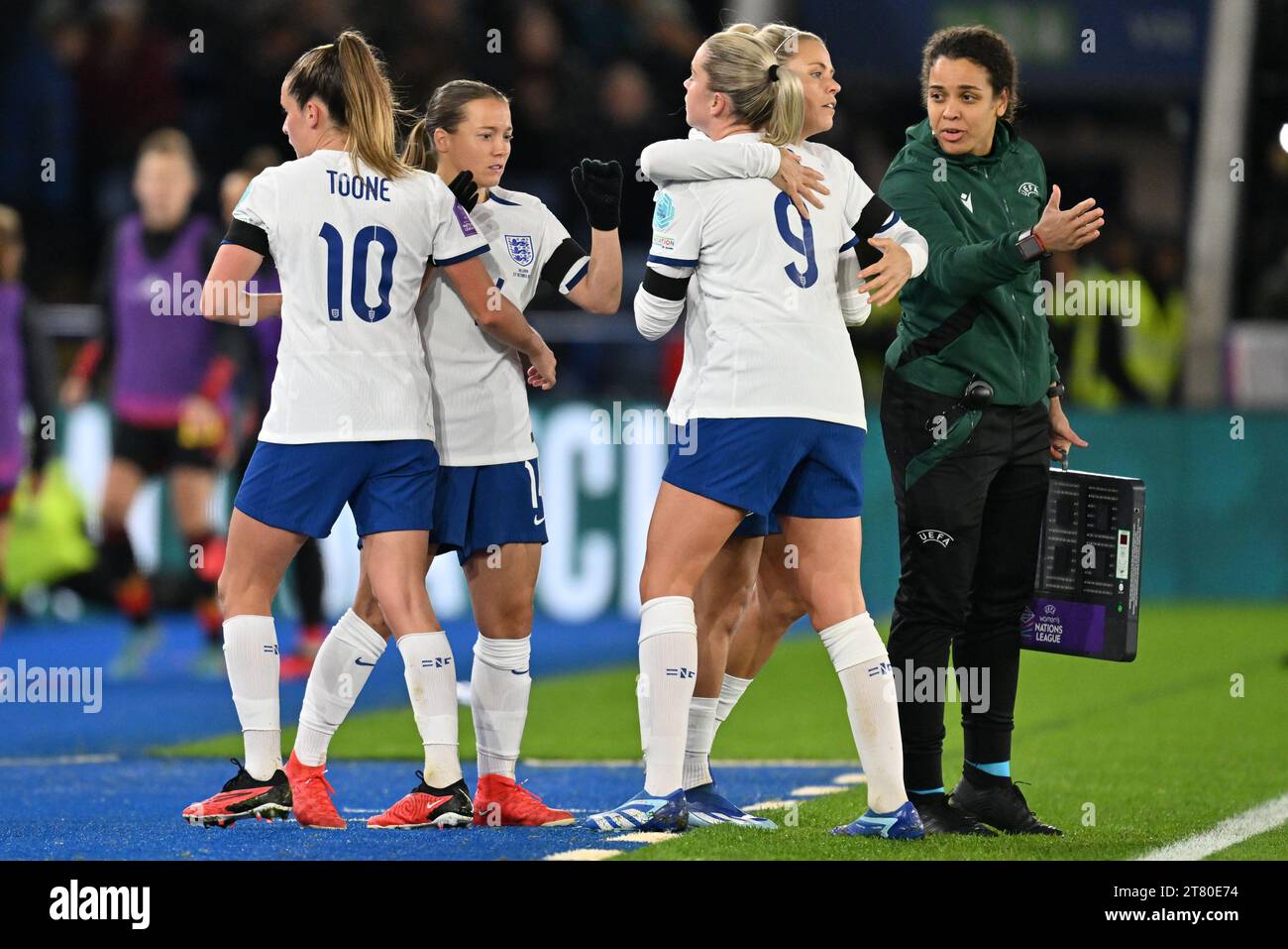 Leicester, UK. 27th Oct, 2023. Ella Toone (10) of England, Fran Kirby (14) of England, Alessia Russo (9) of England, Rachel Daly (19) of England and 4th official Ifeoma Kulmala of Finland pictured during a football match between the national women team of England, called the Lionesses and Belgium, called the Red Flames on matchday 3 in the 2023-24 UEFA Women's Nations League competition in group A1, on Friday 27 October 2023 in Leicester, England. Photo Stijn Audooren | Credit: sportpix/Alamy Live News Stock Photo