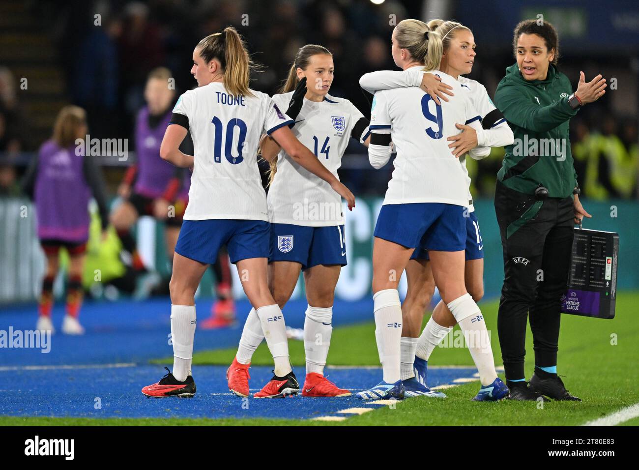 Leicester, UK. 27th Oct, 2023. Ella Toone (10) of England, Fran Kirby (14) of England, Alessia Russo (9) of England, Rachel Daly (19) of England and 4th official Ifeoma Kulmala of Finland pictured during a football match between the national women team of England, called the Lionesses and Belgium, called the Red Flames on matchday 3 in the 2023-24 UEFA Women's Nations League competition in group A1, on Friday 27 October 2023 in Leicester, England. Photo Stijn Audooren | Credit: sportpix/Alamy Live News Stock Photo