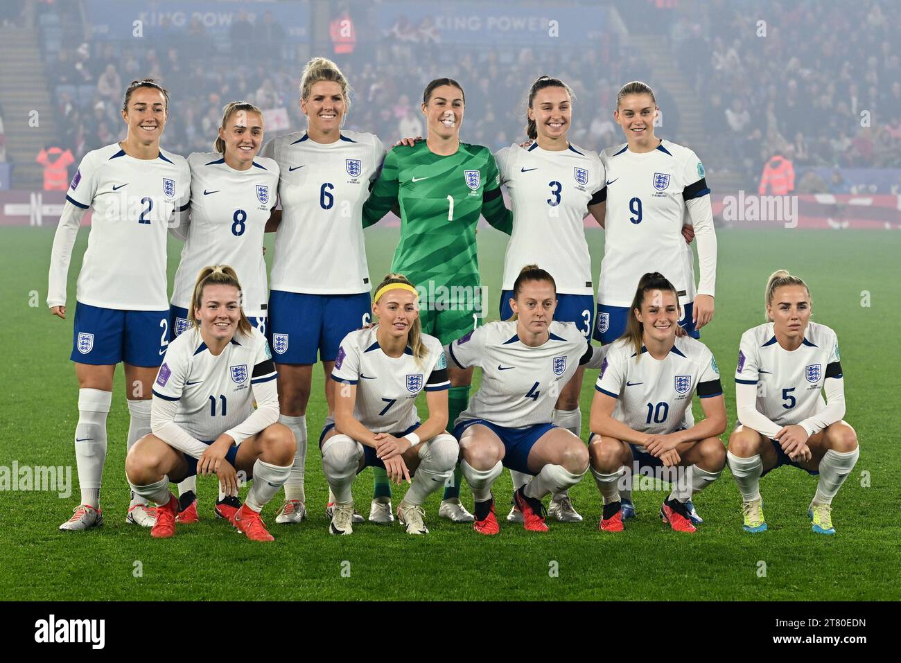 players of England with Lucy Bronze (2) of England, Georgia Stanway (8) of England, Millie Bright (6) of England, goalkeeper Mary Earps (1) of England, Niamh Charles (3) of England, Alessia Russo (9) of England, Lauren Hemp (11) of England, Chloe Kelly (7) of England, Keira Walsh (4) of England, Ella Toone (10) of England and Alex Greenwood (5) of England pose for a team photo during a football match between the national women team of England, called the Lionesses and Belgium, called the Red Flames on matchday 3 in the 2023-24 UEFA Women's Nations League competition in group A1, on Friday 2 Stock Photo
