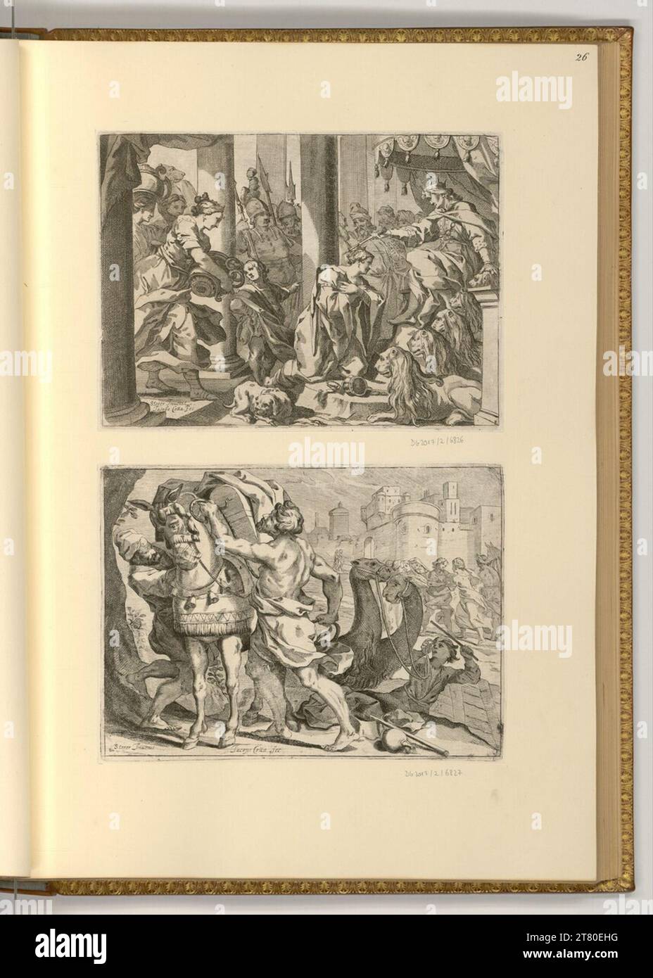 Johann Christoph Storer The king of throne; Men load a horse. etching