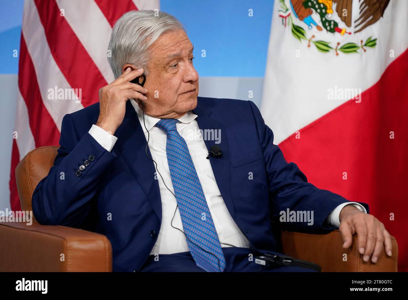 Mexico's President Andrés Manuel López Obrador listens during a meeting ...