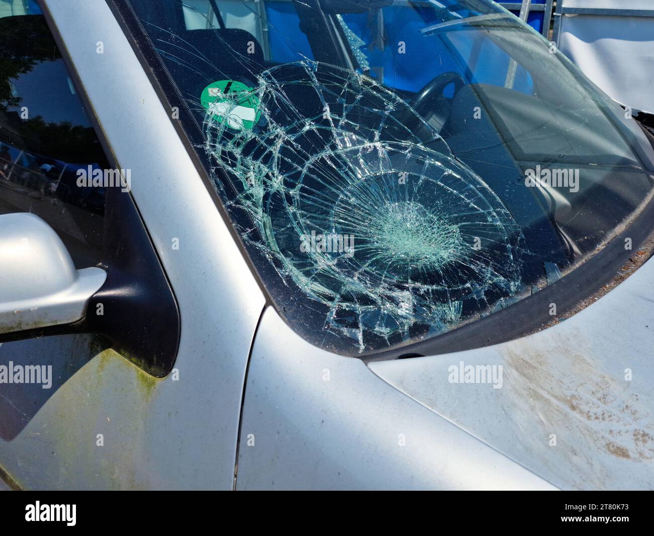 Broken Car Windscreen Or Windshield Window. Smashed Front Glass Stock Photo