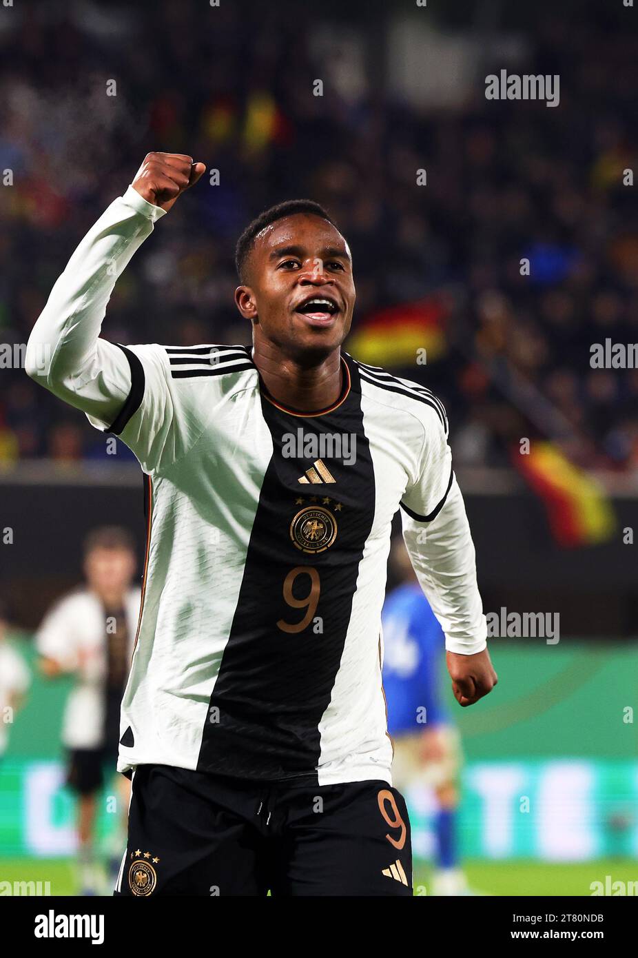 Paderborn Germany. 17th Nov 2023. Soccer U21 Men European Championship qualifier Germany Estonia 1st round Group D Matchday 6 at the stadium in Paderborn. Germany s goalscorer Youssoufa Moukoko celebr...