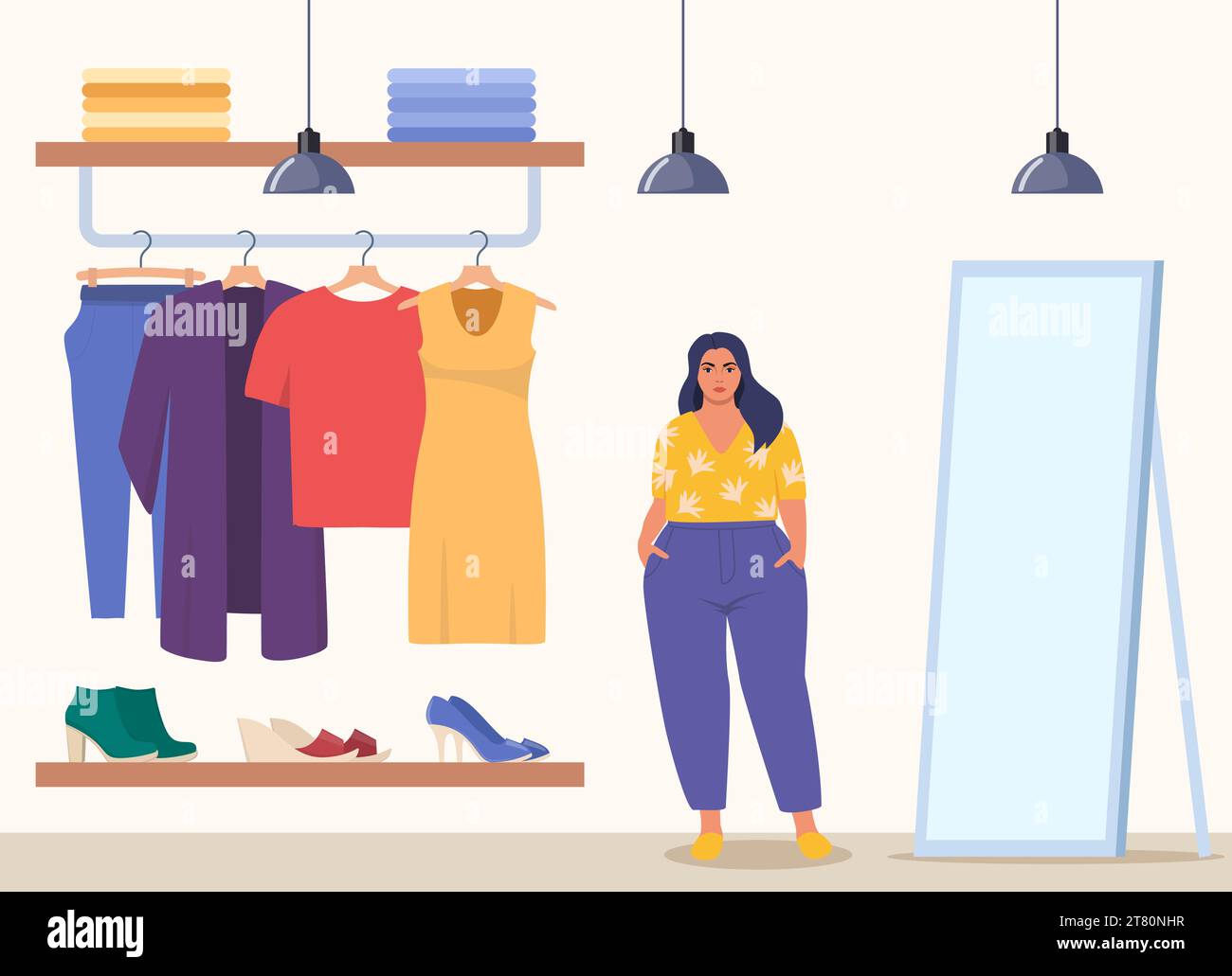 Woman stands near clothes rack and mirror, chooses clothes in fashion boutique. Assortment showroom, clothing store. Clothes shop interior. Dress, tun Stock Vector